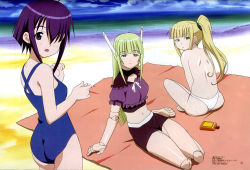 Rule 34 | 00s, 3girls, :o, ahoge, alternate hairstyle, android, arm support, ass, back, barefoot, beach, beach towel, between legs, bikini, bikini bottom only, black bikini, black eyes, blanket, bleed through, blonde hair, blue eyes, blue one-piece swimsuit, blue sky, blunt bangs, blush, bottle, breasts, casual one-piece swimsuit, cleavage cutout, clenched hands, clothing cutout, cloud, cloudy sky, day, dimples of venus, doll joints, empty eyes, evangeline a.k. mcdowell, expressionless, frills, from behind, from side, green eyes, green hair, hair over eyes, hair over one eye, halterneck, hand between legs, highres, indian style, joints, karakuri chachamaru, katou masayuki, long hair, looking at viewer, looking back, lotion, magazine scan, mahou sensei negima!, megami magazine, miyazaki nodoka, multiple girls, navel, ocean, official art, one-piece swimsuit, open mouth, outdoors, ponytail, purple hair, reclining, ribbon, robot ears, robot joints, rug, scan, scan artifacts, scrunchie, short hair, side ponytail, sidelocks, sitting, sky, small breasts, sports bikini, sunscreen, surprised, swimsuit, thong, thong bikini, topfreedom, topless, towel, turtleneck, vampire, water, white bikini, yokozuwari