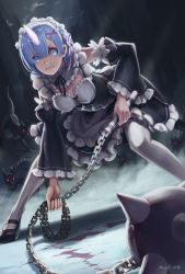 Rule 34 | 10s, 1girl, angry, ball and chain (weapon), blood, blue eyes, blue hair, breasts, cleavage, clenched teeth, detached sleeves, hair ornament, highres, horns, long sleeves, looking at viewer, maid headdress, medium breasts, mool yueguang, re:zero kara hajimeru isekai seikatsu, rem (re:zero), short hair, single horn, solo, standing, teeth, thighhighs, white thighhighs, x hair ornament