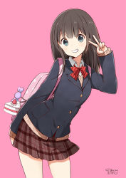Rule 34 | 1girl, backpack, bag, bag charm, black hair, blazer, blue eyes, blue jacket, blush, bow, brown hair, brown skirt, brown sweater, charm (object), collared shirt, commentary request, cowboy shot, diagonal stripes, grin, hand up, head tilt, jacket, long hair, long sleeves, looking at viewer, original, pink background, plaid, plaid skirt, pleated skirt, ragho no erika, red bow, school uniform, shirt, sidelocks, simple background, skirt, sleeves past wrists, smile, solo, striped, striped bow, sweater, translated, very long hair, white shirt