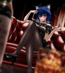 Rule 34 | 1girl, absurdres, alcohol, animal ears, bare shoulders, blue hair, breasts, cat ears, cat girl, choker, cigarette, commentary request, couch, hair between eyes, high heels, highres, holding, holding cigarette, indoors, looking at viewer, medium hair, original, pantyhose, red eyes, short sleeves, sitting, small breasts, solo, yabacha