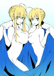Rule 34 | 2girls, ahoge, artoria pendragon (all), artoria pendragon (fate), artoria pendragon (lancer) (fate), black ribbon, blue cape, braid, breasts, cape, commentary, commentary request, danimaru, fate/grand order, fate/stay night, fate (series), french braid, fur-trimmed cape, fur trim, green eyes, groin, highres, large breasts, looking at viewer, multiple girls, naked cape, nude, ribbon, saber (fate), sidelocks