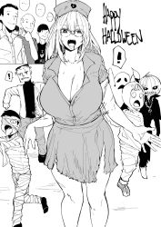 Rule 34 | ..., 1girl, 6+boys, bald, bare legs, blood, blood from mouth, breasts, child, cleavage, commentary, cosplay, english commentary, english text, fangs, ghost, greyscale, hair between eyes, halloween, halloween costume, happy halloween, highres, inne sulistya robin, large breasts, long hair, looking at another, looking at viewer, monochrome, motion lines, multiple boys, multiple girls, mummy costume, norman maggot, open clothes, open mouth, open shirt, outstretched arms, party, pumpkin costume, skirt, spoken exclamation mark, spoken question mark, spoken ellipsis, standing, teacher, thighs, torn clothes, torn skirt, zombie, zombie pose