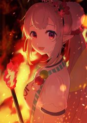 Rule 34 | 1girl, :d, black hairband, breasts, brown hair, burning, commentary request, elf, elu (nijisanji), fairy wings, fire, flower, green wings, hair flower, hair ornament, hairband, highres, long hair, looking at viewer, looking to the side, nijisanji, omelet tomato, open mouth, petals, pointy ears, ponytail, red eyes, red flower, shirt, short sleeves, sidelocks, small breasts, smile, solo, torch, transparent, transparent wings, upper body, very long hair, virtual youtuber, white flower, white shirt, wings