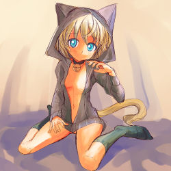 Rule 34 | 1girl, animal ears, bell, neck bell, blonde hair, blue eyes, breasts, collar, female focus, gluteal fold, hood, hoodie, naked hoodie, navel, open clothes, original, sitting, small breasts, socks, solo, tail, tsukiyono aroe, wariza