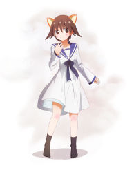 Rule 34 | 1girl, alternate costume, animal ears, bad id, bad pixiv id, blush stickers, brown eyes, brown hair, dress, full body, highres, long sleeves, miyafuji yoshika, ns.x, sailor dress, short hair, simple background, smile, socks, solo, strike witches, texture, white background, world witches series