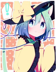 Rule 34 | !, 1girl, :3, animal ears, black hat, border, bow, cat ears, closed mouth, fang, fang out, frilled sleeves, frills, green eyes, green hair, hat, hat bow, heart, heart of string, highres, komeiji koishi, long sleeves, looking at viewer, orange background, polka dot, polka dot background, short hair, smile, solo, spoken exclamation mark, star (symbol), third eye, touhou, upper body, white border, wide sleeves, yellow bow, you (noanoamoemoe)