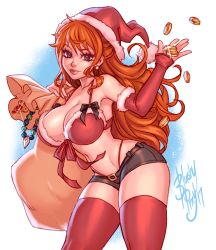 Rule 34 | 1girl, arm warmers, ass, bag, bikini, bikini top only, blushyspicy, breasts, christmas, cleavage, closed mouth, coin, curvy, earrings, fur trim, hat, highres, hip focus, jewelry, large breasts, lips, long hair, looking at viewer, nami (one piece), navel, one piece, orange hair, red bikini, red eyes, red thighhighs, santa hat, short shorts, shorts, solo, standing, stomach, swimsuit, thighhighs, thighs, thong, white background