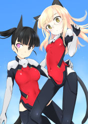 Rule 34 | 2girls, absurdres, alice gear aegis, animal ears, aohashi ame, black hair, black legwear, blonde hair, blue background, blunt bangs, blush, cat ears, closed mouth, commentary request, dog ears, glasses, heterochromia, highres, multiple girls, navel, open mouth, perrine h. clostermann, purple eyes, sakamoto mio, smile, strike witches, thick eyebrows, world witches series, yellow eyes