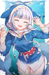 Rule 34 | 1girl, :d, ^ ^, animal hood, blue hair, blue hoodie, blue nails, blunt bangs, closed eyes, fins, fish tail, gawr gura, gawr gura (1st costume), hand up, hands up, highres, hololive, hololive english, hood, hoodie, long sleeves, luzzi (milllim), multicolored hair, nail polish, open mouth, shark hood, shark tail, sharp teeth, smile, solo, tail, teeth, thighs, two-tone hair, virtual youtuber, white hair