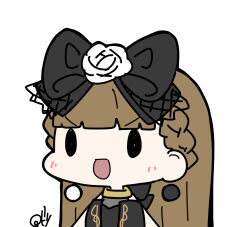 Rule 34 | 1girl, :d, black bow, black dress, blunt bangs, bow, braid, brown hair, center-flap bangs, chibi, chibi only, commentary, dress, earrings, flower, hair bow, hair flower, hair ornament, highres, jewelry, kachimachi kosuzu, link! like! love live!, long hair, love live!, mismatched earrings, official alternate costume, oofushi ao, open mouth, rose, side braids, signature, simple background, sleeveless, sleeveless dress, smile, solid oval eyes, solo, sparkly spot (love live!), straight hair, upper body, v-shaped eyebrows, virtual youtuber, white background, white flower, white rose