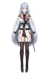 Rule 34 | 1girl, absurdres, aiguillette, belt, black belt, black footwear, black shirt, black thighhighs, boots, closed mouth, collared shirt, commentary, cryturtle, dress shirt, english commentary, epaulettes, full body, garter straps, gold trim, grey eyes, grey hair, highres, knee boots, long hair, long sleeves, looking at viewer, military, military uniform, necktie, original, red necktie, red skirt, sheath, sheathed, shirt, simple background, skirt, solo, thighhighs, uniform, variant set, very long hair, white background, white shirt
