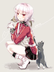 Rule 34 | 1girl, animal, animal on lap, black cat, black skirt, blunt bangs, blush, boots, braid, cat, cat on lap, coat, emblem, fate/grand order, fate (series), florence nightingale (fate), full body, gloves, heart, heart of string, knee boots, long hair, long sleeves, looking at viewer, military, military uniform, motomiya mitsuki, on lap, own hands together, pantyhose, parted lips, pink hair, pleated skirt, red coat, red eyes, single braid, skirt, smile, solo, squatting, twitter username, uniform, white cat, white footwear, white gloves, white pantyhose
