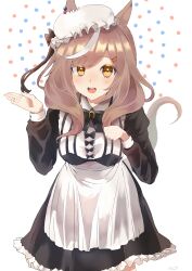 Rule 34 | 1girl, absurdres, animal ears, apron, black dress, blush, brown hair, brown tail, commentary request, dress, frilled apron, frilled dress, frills, hair ornament, hairclip, happy, hat, highres, horse ears, horse girl, horse tail, leaning forward, long sleeves, maid apron, matikane tannhauser (umamusume), mengo (captainmeteor6), mob cap, open mouth, solo, tail, teeth, umamusume, upper teeth only, waist apron, white apron, white headwear, yellow eyes