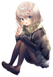 Rule 34 | 1girl, :d, argyle, argyle clothes, argyle necktie, argyle neckwear, black footwear, black jacket, blue eyes, blush, brown hair, brown scarf, brown sweater, commentary request, fringe trim, full body, grey necktie, grey skirt, gyozanuko, hair between eyes, hair ornament, highres, jacket, knees up, loafers, long sleeves, looking at viewer, necktie, open mouth, original, pantyhose, plaid, plaid scarf, pleated skirt, scarf, school uniform, shoes, simple background, sitting, skirt, sleeves past wrists, smile, solo, steepled fingers, sweater, white background
