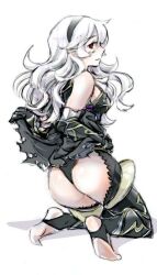 Rule 34 | 1girl, armored leotard, armpits, artist request, ass, back, bare shoulders, barefoot, black cape, black hairband, black leotard, breasts, cape, cape lift, cleavage, corrin (female) (fire emblem), corrin (fire emblem), expressionless, eyelashes, feet, female focus, fire emblem, fire emblem fates, full body, gauntlets, hair between eyes, hair ornament, hairband, heel up, intelligent systems, kneeling, legs, leotard, leotard under clothes, long hair, looking at viewer, looking back, lowres, medium breasts, neckerchief, nintendo, official alternate costume, pointy ears, presenting, profile, red eyes, revealing clothes, shiny skin, sideboob, sidelocks, simple background, sketch, soles, stirrup legwear, thighhighs, thighs, thong leotard, toeless legwear, toes, torn cape, torn clothes, wavy hair, white background, white hair
