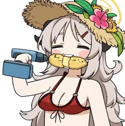 Rule 34 | 1girl, = =, animated, bikini, black horns, blue archive, blush stickers, breasts, cleavage, corn, corn cob, demon horns, drill, facing viewer, flower, food in mouth, hair ornament, hairclip, hand up, hat, hat flower, holding, horns, izumi (blue archive), izumi (swimsuit) (blue archive), light brown hair, long hair, looping animation, medium breasts, power drill, power tool, red bikini, rokukyugo, simple background, solo, straw hat, sun hat, swimsuit, tagme, twitter, upper body, video, white background