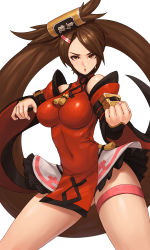 Rule 34 | 1girl, absurdres, bare shoulders, breasts, brown eyes, brown hair, china dress, chinese clothes, commentary request, covered navel, dress, fighting stance, guilty gear, hair ornament, hairclip, highres, kuradoberi jam, lips, long hair, medium breasts, parted bangs, parted lips, pelvic curtain, red dress, sanj, shiny clothes, shiny skin, short dress, simple background, skirt, sleeveless, solo, thigh strap, very long hair, white background, wide sleeves