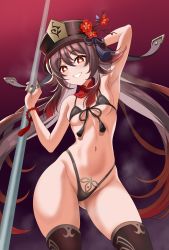 Rule 34 | 1girl, absurdres, arm up, armpits, arms behind head, bead bracelet, beads, bikini, black bikini, black thighhighs, blush, bracelet, breasts, detached collar, front-tie bikini top, front-tie top, genshin impact, hat, highleg, highres, hu tao (genshin impact), jewelry, looking at viewer, nail polish, navel, pole, pole dancing, red eyes, ring, sirano, small breasts, smile, solo, standing, stripper pole, swimsuit, symbol-shaped pupils, thighhighs, top hat, twintails, underboob
