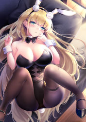 Rule 34 | 1girl, :o, animal ears, aqua eyes, azur lane, bare shoulders, black bow, black bowtie, black footwear, black hairband, black leotard, black pantyhose, blonde hair, blunt bangs, blush, bow, bowtie, breasts, cleavage, commentary request, couch, covered navel, detached collar, fake animal ears, fake tail, fingernails, hairband, hand on own face, hands up, head tilt, indoors, large breasts, legs up, leotard, long hair, looking at viewer, lying, nail polish, north carolina (azur lane), north carolina (the heart&#039;s desire) (azur lane), official alternate costume, on back, on couch, pantyhose, parted lips, pillow, playboy bunny, pontaro18, rabbit ears, rabbit tail, solo, strapless, strapless leotard, tail, very long hair, wrist cuffs