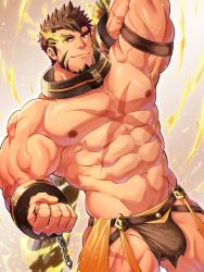 Rule 34 | 1boy, abs, alternate facial hair, bara, beard, biceps, brown hair, brown male underwear, bulge, cuffs, facial hair, flaming eye, handcuffs, heracles (housamo), highres, large pectorals, loincloth, looking at viewer, male focus, male underwear, mature male, muscular, muscular male, navel, nipples, pectorals, scar, scar on chest, short hair, smile, solo, stomach, tepen (tptptpn), thick eyebrows, thick thighs, thighs, tokyo houkago summoners, underwear, veins