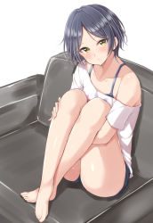 Rule 34 | 1girl, bare legs, barefoot, blue bra, blue hair, blush, bra, couch, crossed legs, hayami kanade, hugging own legs, idolmaster, idolmaster cinderella girls, jiino, knees up, looking at viewer, off shoulder, on couch, parted lips, shirt, short hair, short shorts, shorts, sidelocks, simple background, sitting, solo, thighs, underwear, white background, white shirt, yellow eyes