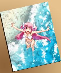 Rule 34 | 10s, bad id, bad pixiv id, bikini, cometch, from above, highres, kaname madoka, long hair, mahou shoujo madoka magica, mahou shoujo madoka magica (anime), outstretched arms, pink eyes, pink hair, solo, spoilers, spread arms, swimsuit, twintails, ultimate madoka