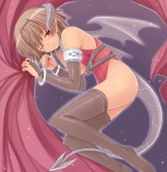 Rule 34 | 1girl, amane hasuhito, bad id, bad pixiv id, blush, brown hair, demon girl, elbow gloves, gloves, horns, leotard, no shoes, one eye closed, original, red eyes, short hair, solo, demon girl, tail, thighhighs, wings, wink