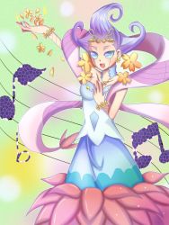 Rule 34 | 1girl, bloom diva the melodious choir, breasts, dress, duel monster, flower, hair flower, hair ornament, light purple hair, looking at viewer, multicolored eyes, music, musical note, open mouth, petals, sash, singing, sleeveless, sleeveless dress, smile, solo, white dress, yu-gi-oh!