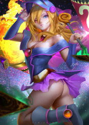 Rule 34 | 1girl, ass, bare shoulders, blonde hair, blue eyes, blush, boots, breasts, cleavage, closed mouth, commentary, dark magician girl, duel monster, english commentary, fire, gem, hair between eyes, hat, holding, holding wand, jewelry, large breasts, looking back, miniskirt, necklace, one eye closed, panties, pentacle, skirt, staff, underwear, upskirt, wand, wizard hat, yu-gi-oh!, yuu-gi-ou, yu-gi-oh! duel monsters, zumi (zumidraws)