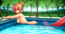 Rule 34 | 1girl, absurdres, ass, blacksaikou, blush, breasts, day, fang, forest, from side, hair ornament, hairclip, highres, lamia, large breasts, lens flare, long hair, looking at viewer, miia (monster musume), monster girl, monster musume no iru nichijou, nature, open mouth, outdoors, partially submerged, pointy ears, pool, red hair, revision, scales, shiny skin, slit pupils, smile, solo, tree, very long hair, water, yellow eyes