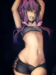 Rule 34 | 1girl, arms up, artist name, at2., black background, bra, clenched teeth, cowboy shot, flat chest, groin, highres, looking to the side, low twintails, midriff, navel, purple eyes, purple hair, shorts, signature, simple background, solo, standing, stomach, strapless, strapless bra, sweat, sweatdrop, tears, teeth, twintails, underwear, vocaloid, voiceroid, yuzuki yukari