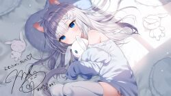 Rule 34 | 1girl, animal ears, blue eyes, cat ears, cat girl, cat tail, commission, hugging doll, grey hair, heart, heart-shaped pillow, highres, light smile, long hair, long sleeves, looking at viewer, lying, mafuyu (chibi21), no pants, hugging object, off shoulder, on side, original, pillow, second-party source, skeb commission, stuffed animal, stuffed rabbit, stuffed toy, sweater, tail, thighhighs, white hair, white thighhighs