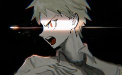 Rule 34 | 1boy, akiko 141, black background, bullet, collared shirt, commentary request, danganronpa (series), danganronpa 2: goodbye despair, hand up, highres, hinata hajime, looking to the side, male focus, necktie, open mouth, profile, red eyes, shirt, short hair, solo, spoilers, teeth, upper body, upper teeth only