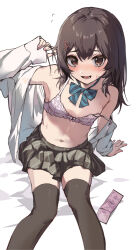 Rule 34 | 1boy, black thighhighs, bow, bowtie, bra, brown eyes, brown hair, commentary request, condom, condom packet strip, condom wrapper, hair between eyes, hair ornament, hairclip, long hair, navel, original, pleated skirt, simple background, skirt, thighhighs, trap, underwear, white background, yoruhachi