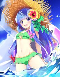 Rule 34 | 1girl, :d, absurdres, arm behind back, bikini, blue hair, blue sky, blunt bangs, blush, bracelet, breasts, cleavage, cloud, day, dutch angle, flower, furude rika, green bikini, groin, hair flower, hair ornament, hat, hibiscus, highres, higurashi no naku koro ni, jewelry, long hair, navel, open mouth, outdoors, purple eyes, sinrin uo, sky, small breasts, smile, solo, standing, straw hat, sun hat, swimsuit, very long hair, wading, yellow flower, yellow hat