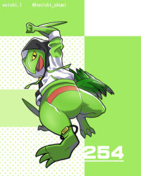 Rule 34 | anklet, arm up, artist name, bad id, bad pixiv id, black eyes, clenched hand, clothed pokemon, colored sclera, commentary request, creatures (company), full body, game freak, gen 3 pokemon, highres, hood, hood up, hoodie, jewelry, nintendo, open mouth, pokedex number, pokemon, pokemon (creature), sceptile, solo, tongue, twitter username, white hoodie, yellow sclera, yukari (yukari21653710)