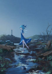 Rule 34 | 1girl, bare tree, barefoot, blue bow, blue dress, blue eyes, blue hair, blue sky, bow, cirno, commentary request, dress, full body, hair between eyes, hair bow, highres, ice, ice wings, looking at viewer, looking back, nature, outdoors, pinafore dress, puffy short sleeves, puffy sleeves, roke (taikodon), shirt, short hair, short sleeves, sky, sleeveless dress, solo, touhou, tower, tree, white shirt, wings