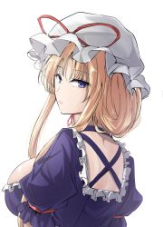 Rule 34 | 1girl, blonde hair, breasts, commentary request, dress, frills, from behind, hat, hat ribbon, highres, large breasts, looking at viewer, looking back, mob cap, parted lips, puffy short sleeves, puffy sleeves, purple dress, purple eyes, red ribbon, ribbon, short hair, short sleeves, sidelocks, simple background, solo, touhou, upper body, white background, white hat, y2, yakumo yukari