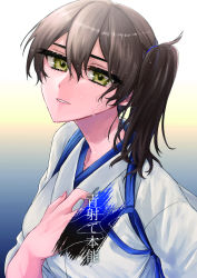 Rule 34 | 1girl, brown hair, collarbone, cover, facing viewer, hair between eyes, hakama, hand on own chest, highres, japanese clothes, kaga (kancolle), kantai collection, long hair, looking at viewer, machi (ritovoyage), side ponytail, simple background, smile, solo, title, white background