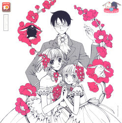 Rule 34 | 00s, 1990s (style), 1boy, 2girls, aged down, aged up, anniversary, antenna hair, artist name, ascot, bare shoulders, cardcaptor sakura, child, clamp, company connection, creator connection, crossover, dress, dual persona, flower, formal, frilled dress, frills, gathers, glasses, gown, greyscale, hair flower, hair ornament, hand on shoulder, highres, holding hands, interlocked fingers, jacket, kinomoto sakura, mokona, monochrome, multiple crossover, multiple girls, official art, partially colored, retro artstyle, sakura hime, scan, short hair, short sleeves, spot color, tsubasa chronicle, watanuki kimihiro, xxxholic