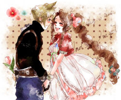 Rule 34 | aerith gainsborough, alternate costume, arm behind back, armor, bangle, belt, black shirt, blonde hair, blue eyes, blue pants, blush, bow, bracelet, braid, braided ponytail, breasts, brown hair, closed eyes, cloud strife, couple, cropped jacket, curly hair, dress, final fantasy, final fantasy vii, flower, frilled dress, frills, gloves, hair between eyes, hair bow, holding, holding flower, holding hands, jacket, jewelry, long hair, medium breasts, open mouth, pants, parted bangs, patterned background, pink dress, pink flower, red jacket, shirt, short hair, shoulder armor, sidelocks, smile, spiked hair, suspenders, teeth, tulip, turtleneck, upper body, upper teeth only, utai yumi