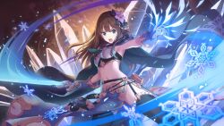 Rule 34 | brown hair, garter straps, gloves, green eyes, idolmaster, navel, official art, princess connect!, shibuya rin, snowflakes, sword, thighhighs, weapon