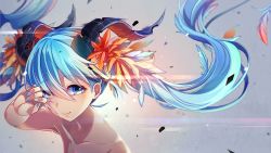 Rule 34 | 1girl, blue eyes, blue hair, collarbone, completely nude, feather hair ornament, floating hair, hair ornament, hatsune miku, horns, long hair, nail polish, nou (nounknown), nude, solo, topless male, twintails, very long hair, vocaloid
