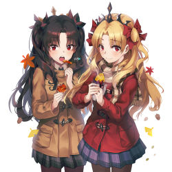 Rule 34 | 2girls, :o, autumn leaves, black hair, blonde hair, blush, bow, brown coat, brown legwear, closed mouth, coat, commentary request, cowboy shot, duffel coat, ereshkigal (fate), fate/grand order, fate (series), fingernails, food, food request, grey skirt, hair between eyes, hair bow, highres, holding, holding food, ishtar (fate), kyjsogom, leaf, long hair, long sleeves, maple leaf, multiple girls, open mouth, own hands together, pantyhose, parted bangs, plaid, plaid skirt, pleated skirt, purple skirt, red bow, red coat, red eyes, round teeth, siblings, signature, simple background, sisters, skirt, smile, sweet potato, teeth, tiara, two side up, upper teeth only, very long hair, white background