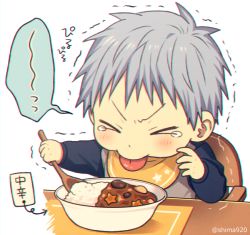 Rule 34 | 1boy, aged down, arrow (symbol), baby, bib, black shirt, blue hair, blush, bowl, chair, closed eyes, commentary request, curry, facing viewer, food, grey background, holding, holding spoon, kuroko no basuke, kuroko tetsuya, long sleeves, male focus, mashima shima, motion lines, on chair, shirt, short hair, simple background, sitting, solo, speech bubble, spoon, star (symbol), star print, table, tearing up, tongue, tongue out, trembling, upper body