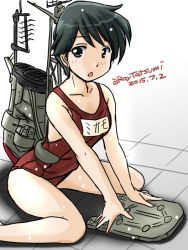 Rule 34 | 10s, 1girl, 2015, :o, artist name, bare shoulders, blue hair, dated, gradient background, green eyes, kantai collection, looking to the side, machinery, mogami (kancolle), mogami kai ni (kancolle), name tag, one-piece swimsuit, open mouth, school swimsuit, short hair, sitting, smokestack, solo, swimsuit, tatsumi ray, twitter username, wariza