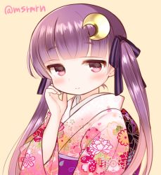 Rule 34 | 1girl, bad id, bad pixiv id, beige background, blunt bangs, blush, bow, closed mouth, crescent, crescent hair ornament, floral print, hair bow, hair ornament, hand on own face, hand up, japanese clothes, kimono, long hair, long sleeves, looking at viewer, mashiro miru, obi, patchouli knowledge, pink kimono, print kimono, purple hair, red eyes, ribbon, sash, simple background, smile, solo, striped bow, striped ribbon, touhou, twintails, twitter username, very long hair, wide sleeves
