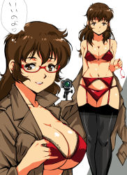 Rule 34 | 1girl, arm behind back, ass, bare shoulders, black thighhighs, bra, breasts, brown eyes, brown hair, camera, cleavage, closed mouth, coat, collarbone, commentary request, cropped legs, freckles, garter straps, glasses, hand up, holding, holding removed eyewear, kamisimo 90, large breasts, lingerie, lipstick, long hair, looking at viewer, makeup, multiple views, original, panties, parted lips, pink lips, red-framed eyewear, red bra, red panties, skindentation, speech bubble, standing, thighhighs, thighs, trench coat, two-tone background, underwear, unworn coat, unworn eyewear