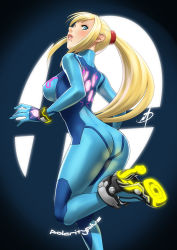 Rule 34 | 1girl, ankle boots, artist name, ass, blonde hair, blue eyes, bodysuit, boots, breasts, from behind, high heel boots, high heels, large breasts, lips, long hair, md5 mismatch, metroid, mole, mole under mouth, neon trim, nintendo, nose, polarityplus, ponytail, samus aran, scrunchie, sidelocks, solo, super smash bros., zero suit