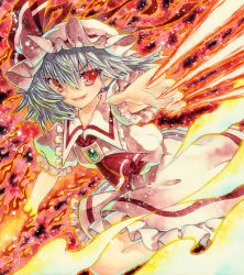 Rule 34 | 1girl, acrylic paint (medium), ascot, bad id, bad pixiv id, brooch, fangs, fiery background, fingernails, fire, frilled skirt, frills, hat, hat ribbon, jewelry, light trail, looking at viewer, mob cap, open mouth, painting (medium), qqqrinkappp, red eyes, remilia scarlet, ribbon, sharp fingernails, short hair, silver hair, skirt, skirt set, solo, spear the gungnir, touhou, traditional media, watercolor (medium)